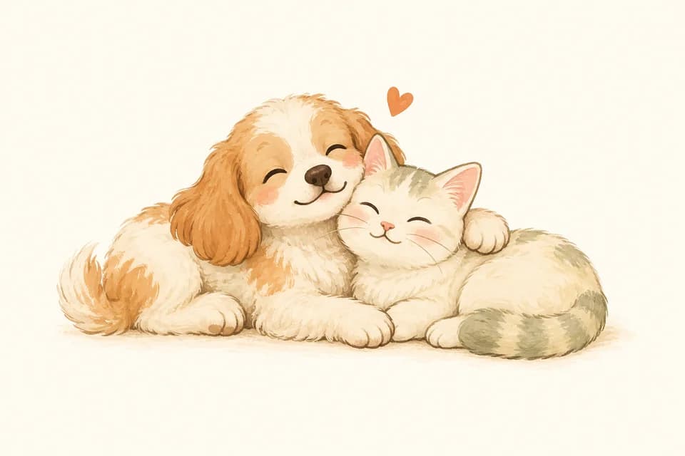 강아지 호텔 실제 사진 준비 중 — 다정하게 안고 있는 강아지와 고양이 공통 안내 그림